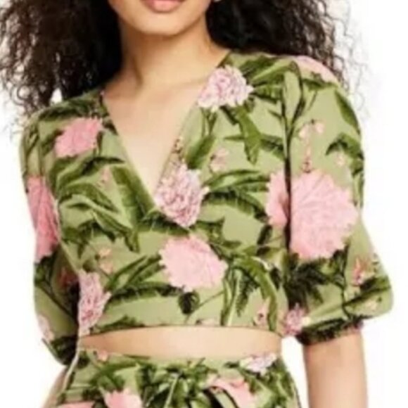 Aguabendita Women's Puffed Sleeves Green Pink Crop Tie Top Linen Blend 1X - Picture 1 of 11